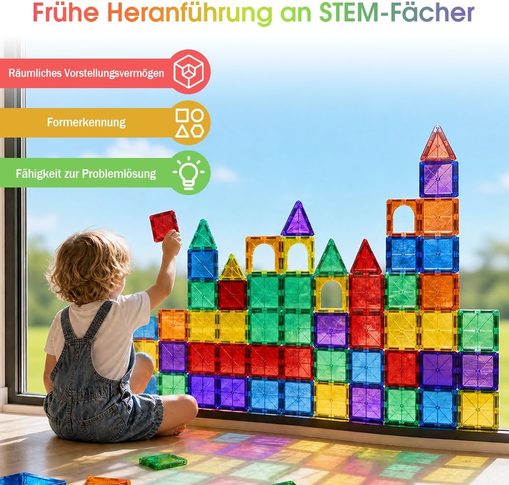 Playpals Magnetische Bausteine 120 Teile mit 2 Autos für Kinder ab 3 Jahren | 2D- &amp; 3D-Bauen, STEM-L