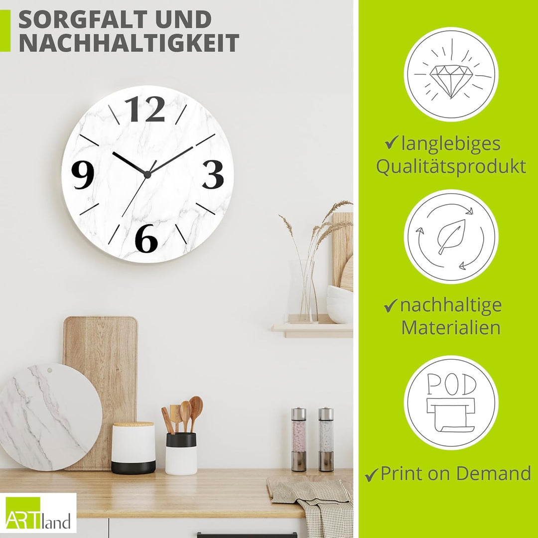 ARTLAND Wanduhr ohne Tickgeräusche aus Glas Funkuhr Ø 30 cm Rund Lautlos Ø 30 cm Weisse Marmor Stein