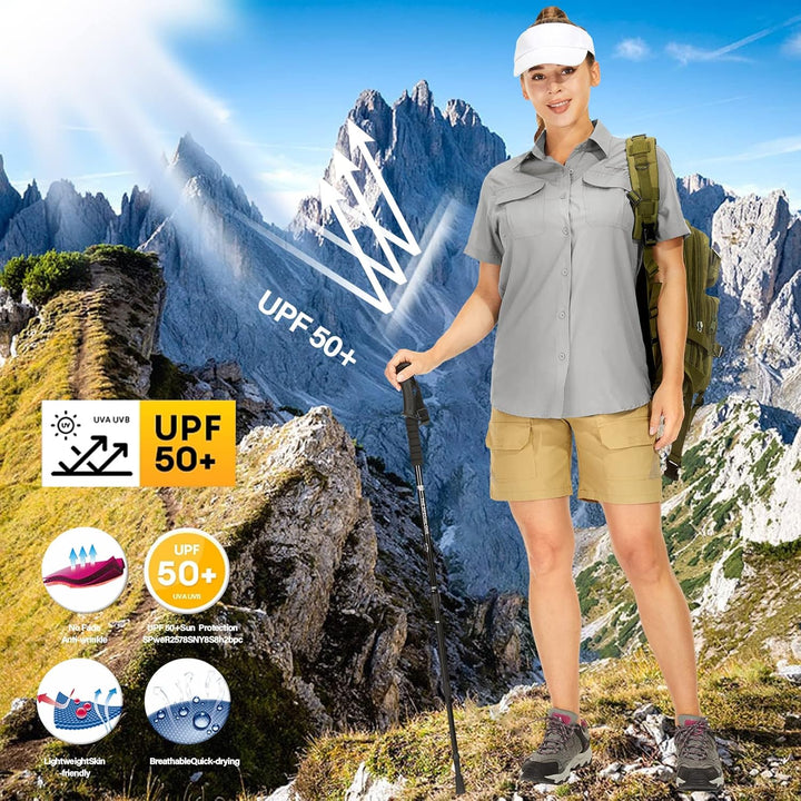 yeyity Hemdbluse Damen Kurzarm UV Schutz Wander Shirt Damen Atmungsaktiv Safari Hemd Schnelltrocknen