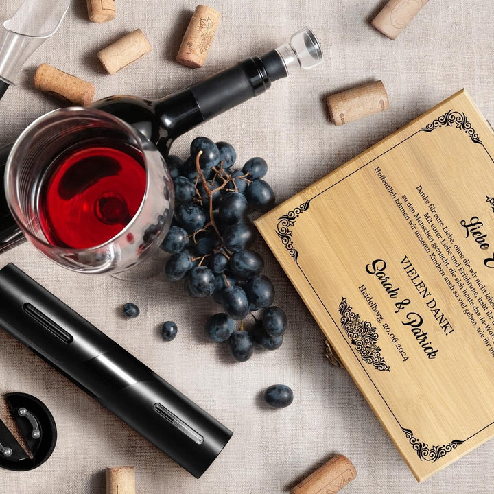 Maverton 6er Weinset in Geschenkbox mit Aufdruck - Flaschenöffner Set - elektrischer Weinöffner - We
