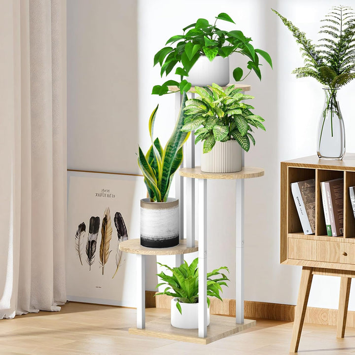 YOCOMEY 4 Tier Hölzern Blumenregal Metall Pflanzenregal, Mehrstöckig Blumenständer Pflanzenständer B