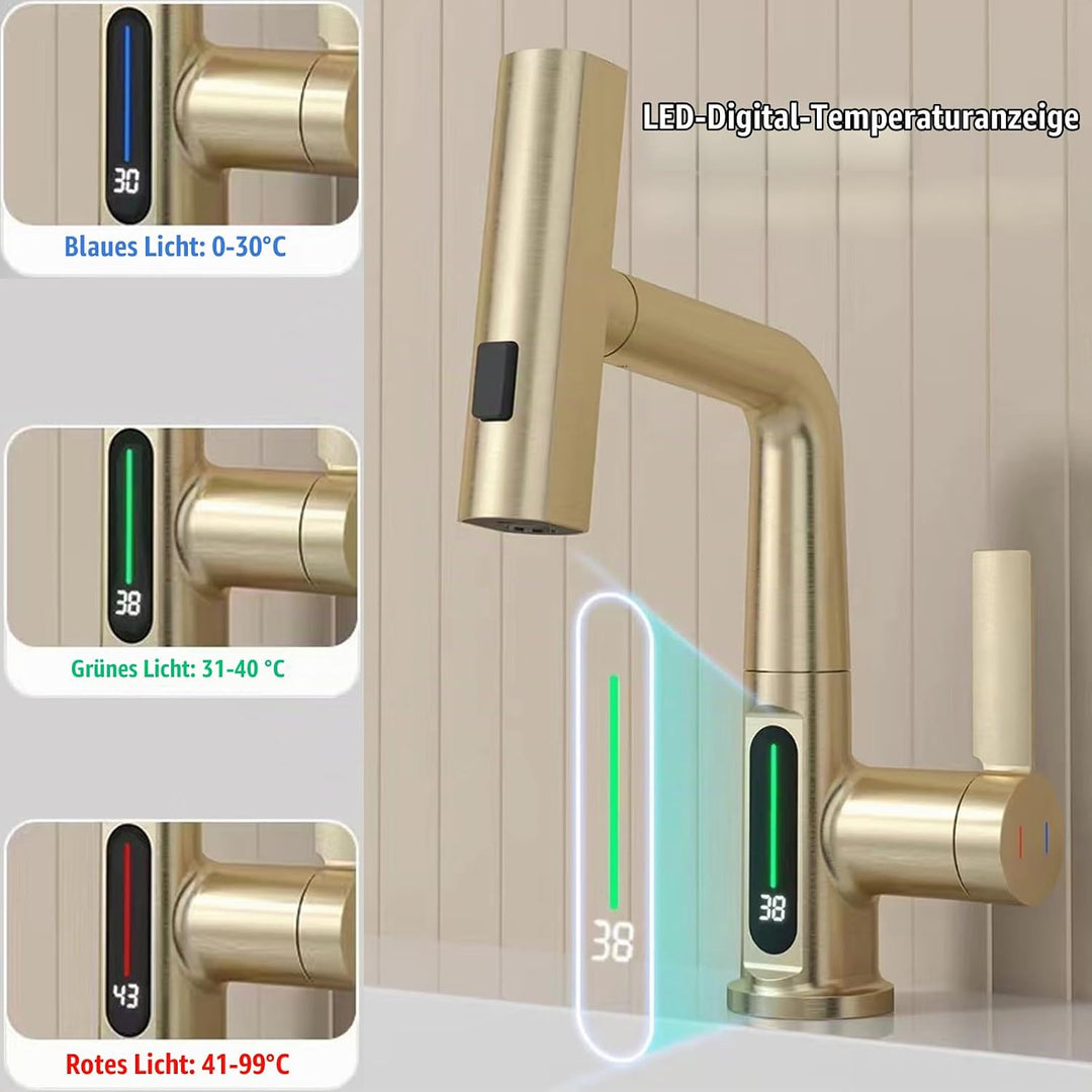 Wasserhahn Bad/Küche mit Ausziehbar Brause, LED Temperaturanzeige Waschtischarmatur Badezimmer mit 3