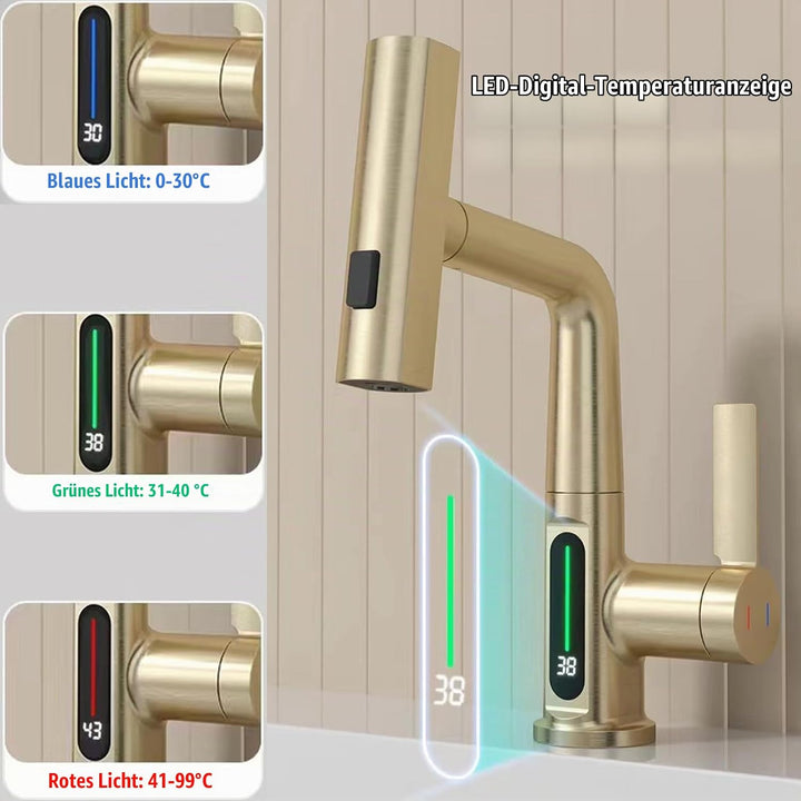 Wasserhahn Bad/Küche mit Ausziehbar Brause, LED Temperaturanzeige Waschtischarmatur Badezimmer mit 3