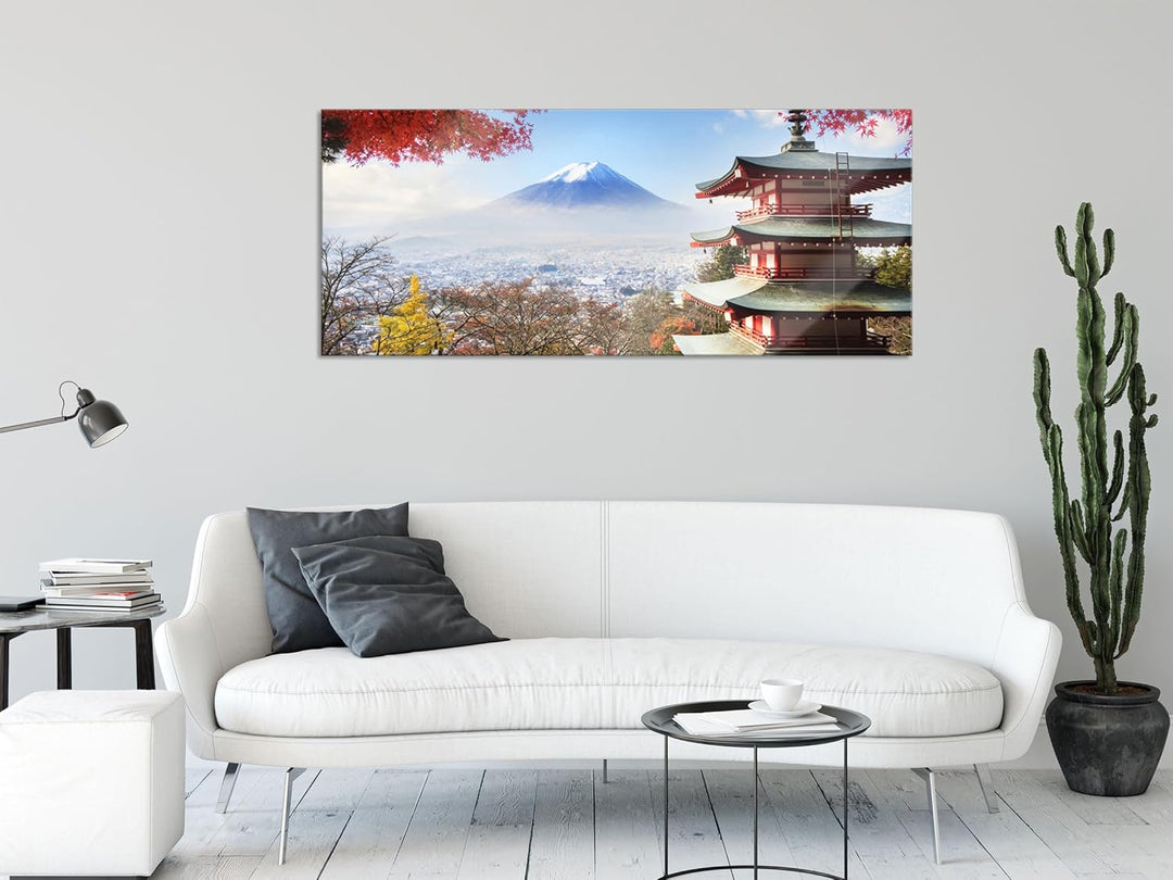 Pixxprint Glasbild Panorama, Wandbild aus Echtglas, Japanischer Tempel im Herbst, 100x40 cm, inkl. A