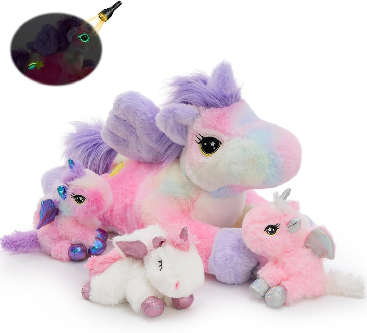 MorisMos 50cm lang riesen Einhorn Kuscheltier XXL, gross Einhorn Stofftier Plüschtier mit 3 Baby im