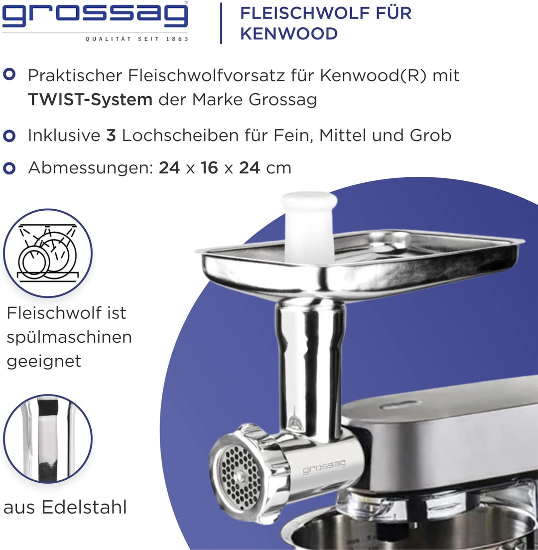 grossag Edelstahl Fleischwolf Aufsatz kompatibel mit Kenwood Küchenmaschine spülmaschinenfest - Vors