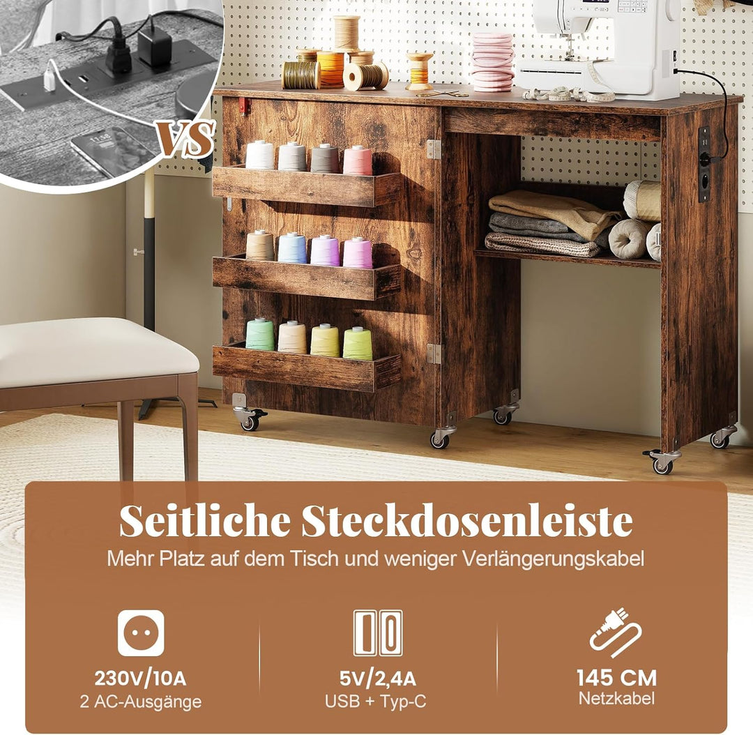 COSTWAY 2 in 1 Nähtisch klappbar mit Ladestation, Nähmaschinenschrank aus Holz mit Regalen, Nähschra
