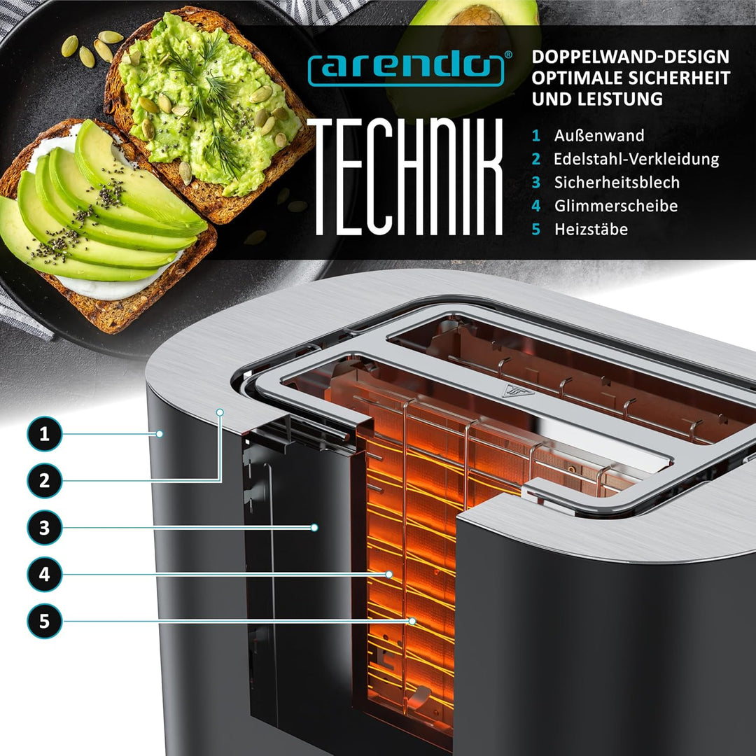 Arendo - Edelstahl Toaster 2 Scheiben - Touchscreen – Doppelwandgehäuse – 800 W – Integrierter Brötc