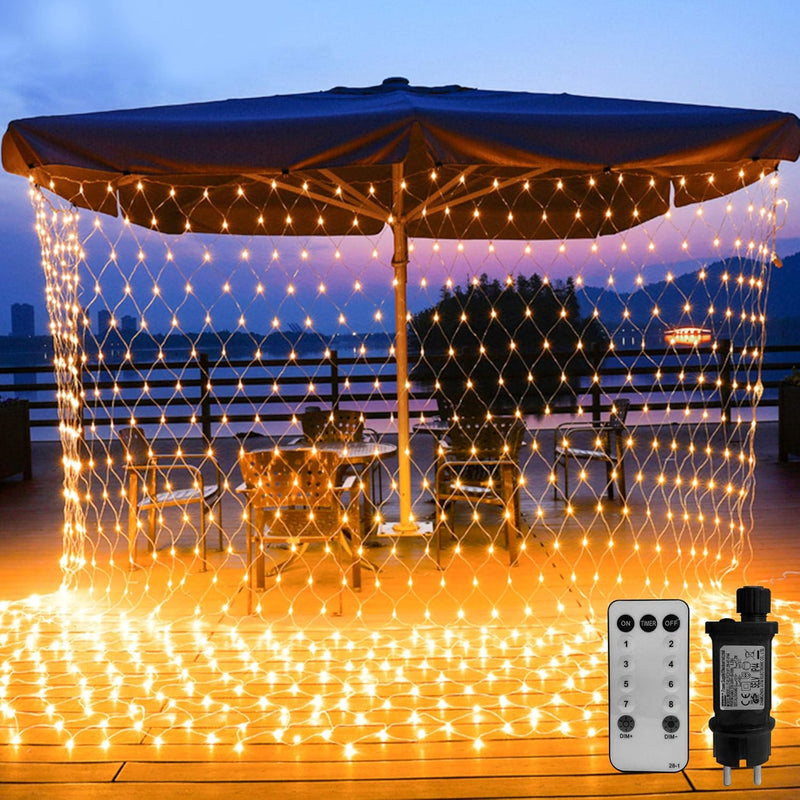 WOWDSGN 200 LED Lichternetz 3 x 2 m warmweiss Lichterkette Netz mit Fernbedienung Trafo Timer 8 Modi