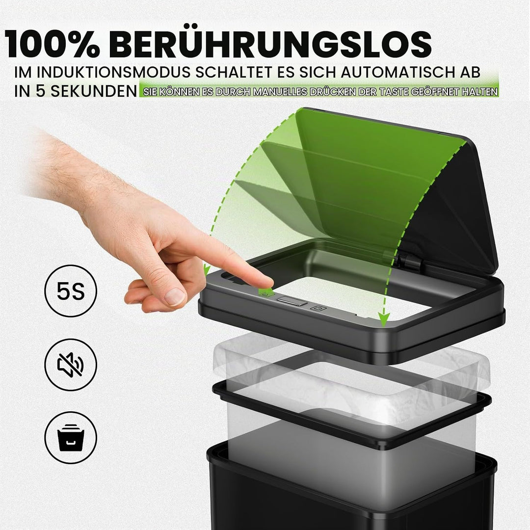 Gardtech 60 Liter Mülleimer Küche mit Sensor - Abfalleimer mit Bewegungssensor - Klemmring für Müllb