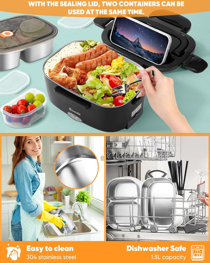 Eocolz Elektrische Lunchbox Food Heater 80-100W, Speisenwärmer mit Doppelbehälter 1,5L Tragbare Behe