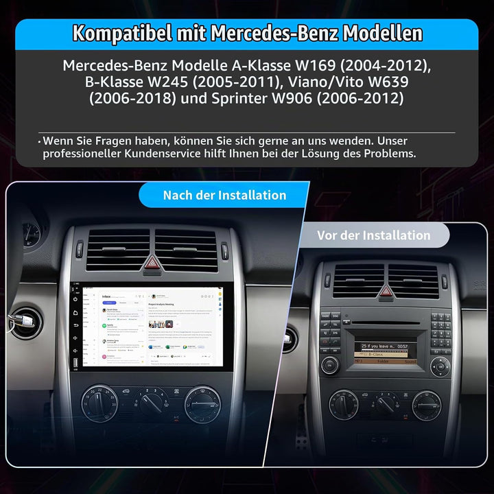 Autoradio Android 14.0 für Mercedes-Benz A-Klasse W169/B-Klasse W245/Viano/Vito W639/Sprinter W906,