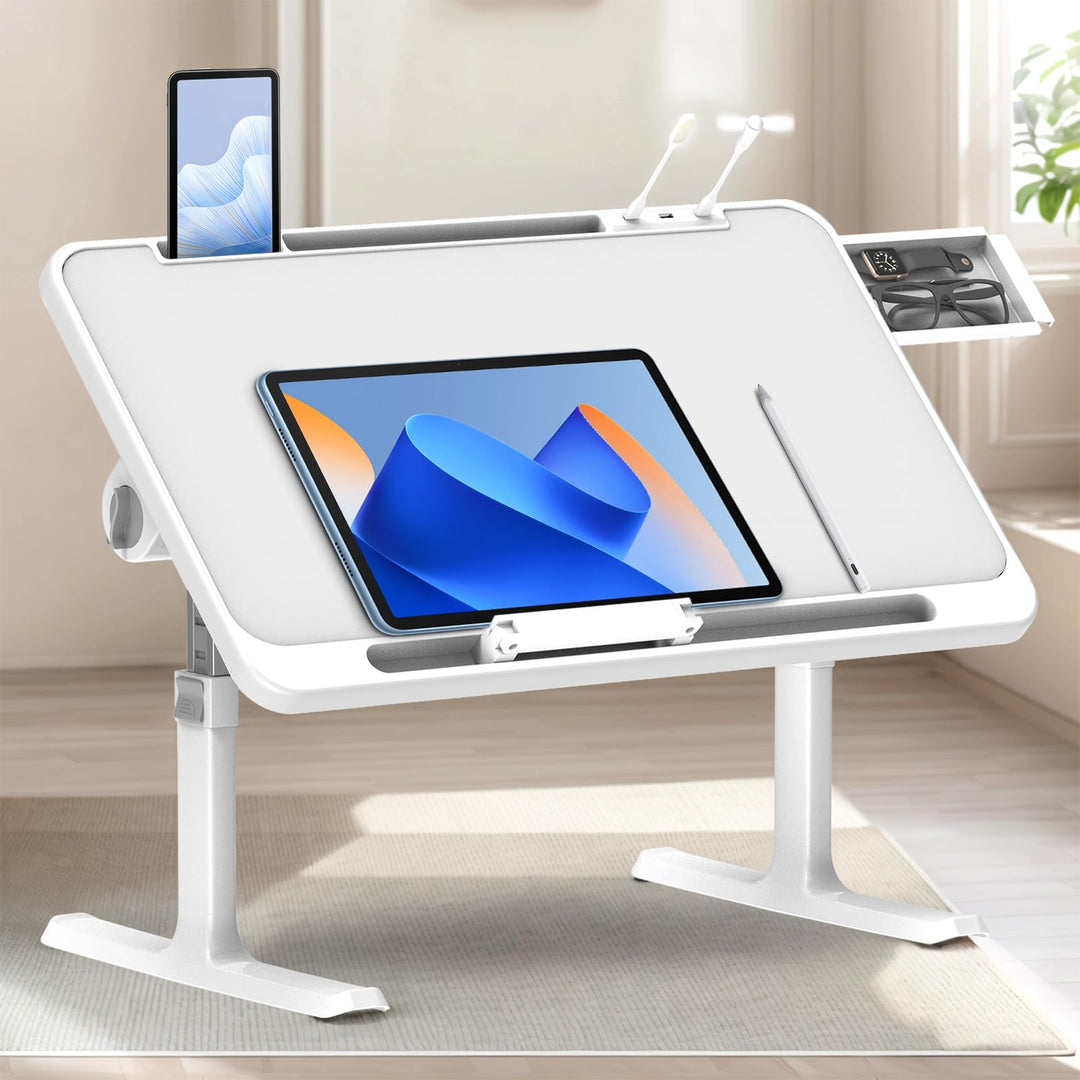 Klappbarer Laptoptisch mit Schublade, LED & Ventilator – Höhenverstellbarer Schreibtisch für Bett, S
