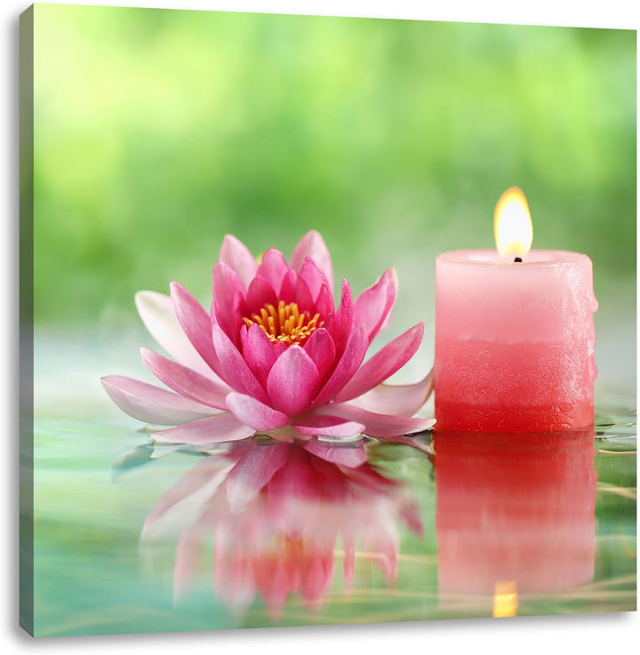 Kleine Seerose neben Kerze, Format: 70x70 auf Leinwand, XXL riesige Bilder fertig gerahmt mit Keilra