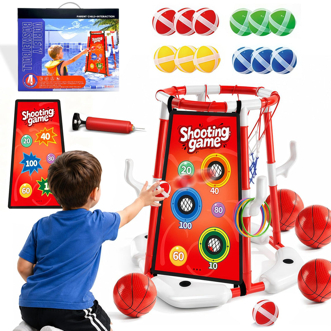 Sternstunde Pool Basketballkorb Kinder, wasserspielzeug Kinder mit 4 Basketball, 12 Wurfringen, 12 K