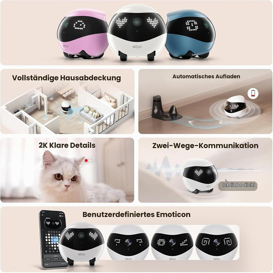 Enabot EBO Air 2 FamilyBot,Haustierkamera mit App,2K Mobiler Heimtierkameras mit Anpassbare Gesichts