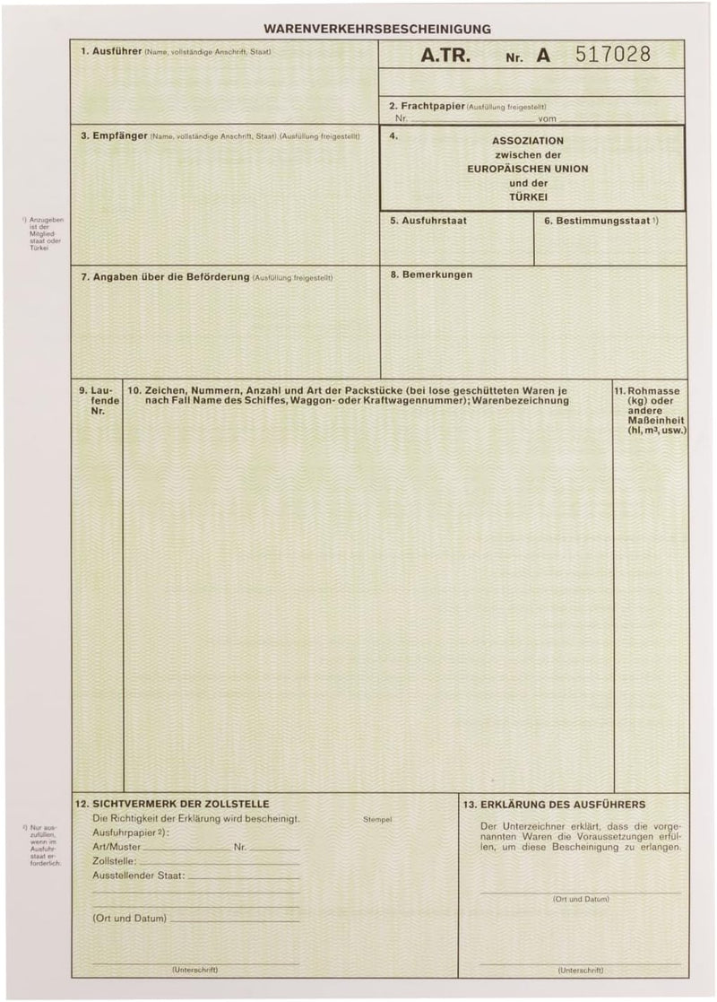 mashpaper A.TR. ATR Warenverkehrsbescheinigung Formular für Laserdrucker Menge wählbar 10, 50 oder 1