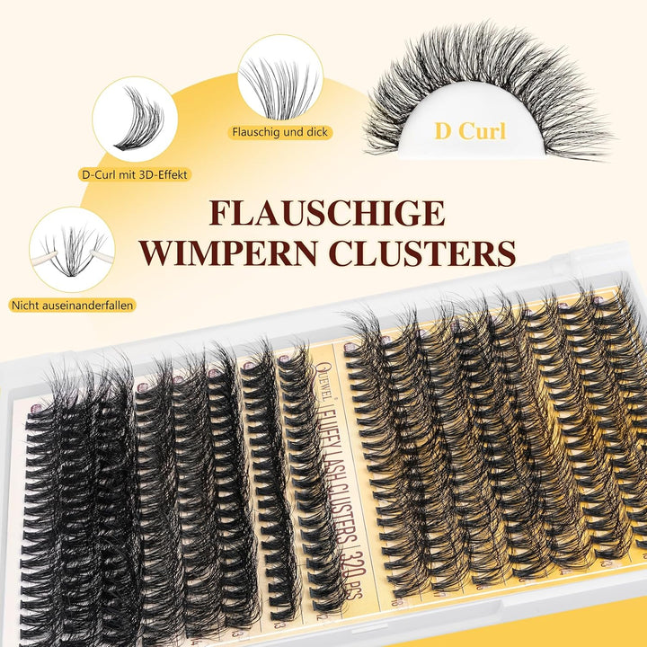 QUEWEL Wimpern-Extensions 320 Stück 30D+40D, DIY Lash Extension Set, Cluster Lashes mit Wimpernklebe
