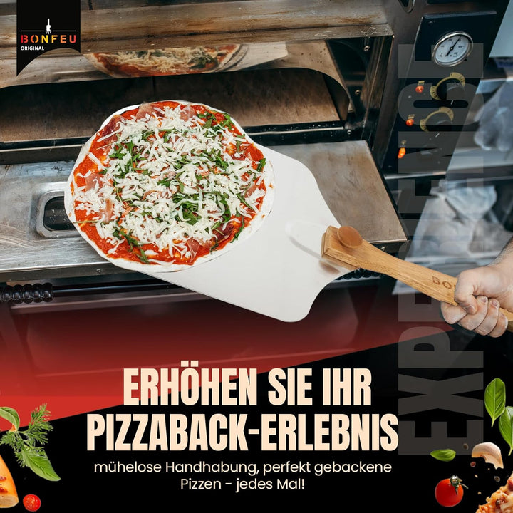 BonFeu Pizzaschieber und Pizzaschneider Set - Pizzaschaufel mit Abnehmbarem Holzgriff - Pizza Schieb