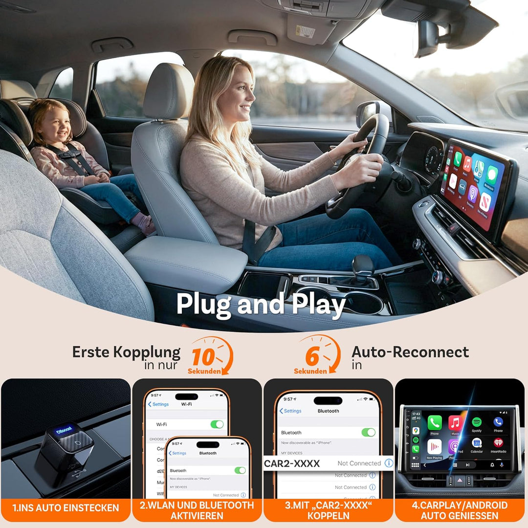 Ottocast Mini Core 2026 Kabelloser CarPlay Adapter & Android Auto Adapter, Plug & Play, Handy-Wechse