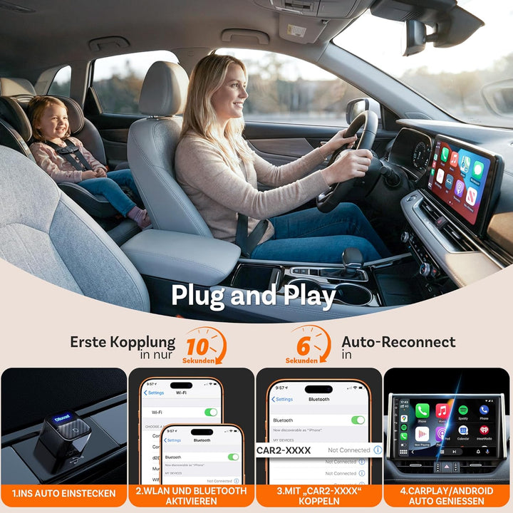 Ottocast Mini Core 2026 Kabelloser CarPlay Adapter & Android Auto Adapter, Plug & Play, Handy-Wechse