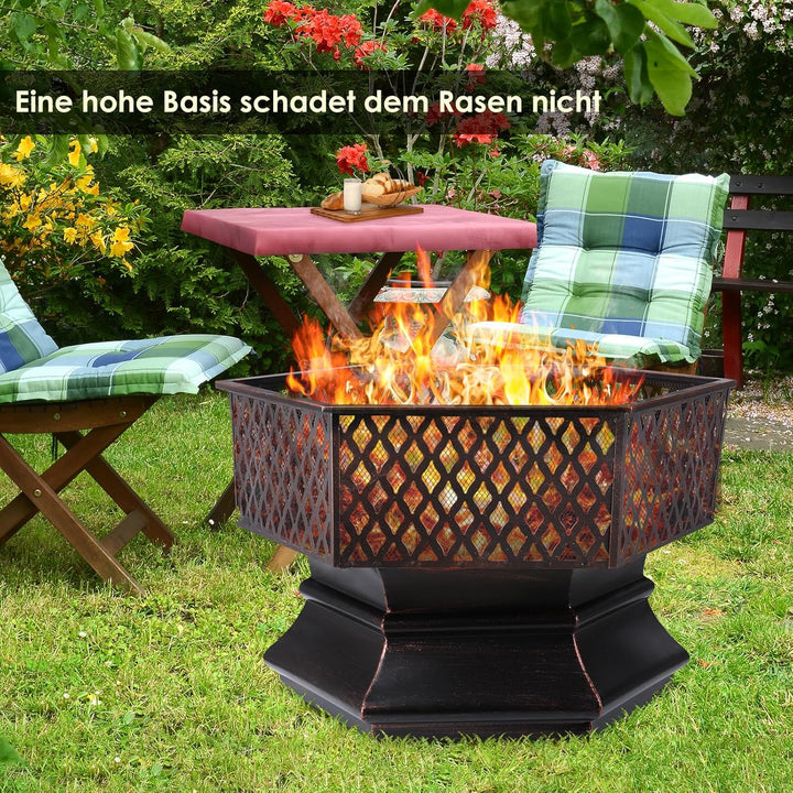 Feuerschale mit Grillrost, Feuerkorb mit Funkenschutz, Feuerschalen für den Garten, Sechseckige Feue