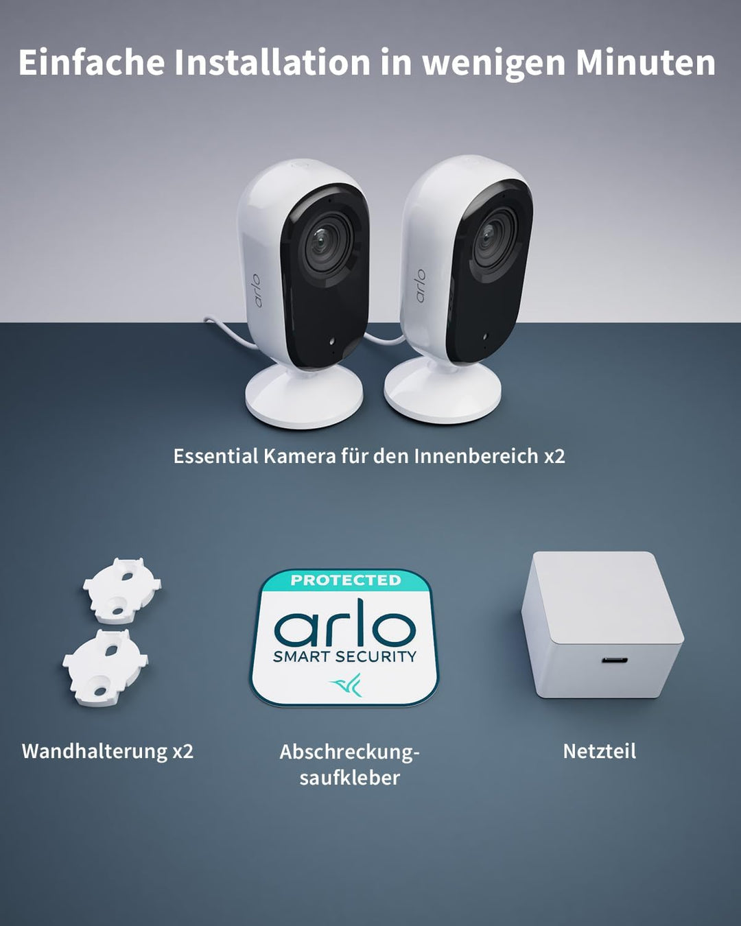 Arlo Indoor Überwachungskamera Innen, 2er Set, 2K HD Video, 2-Wege-Audio, Bewegungsmelder, Kabelgebu