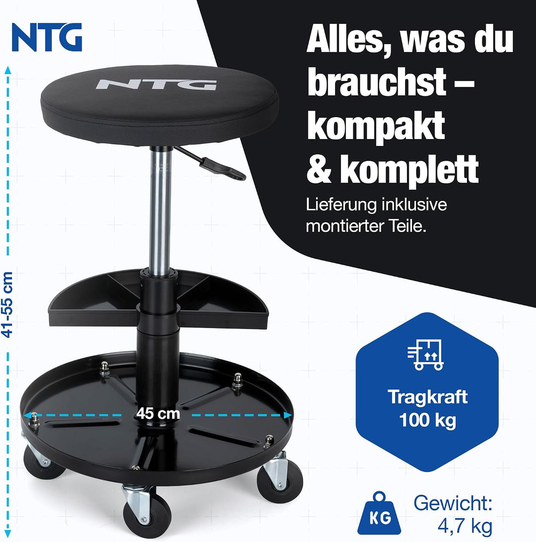 NTG Rollhocker höhenverstellbar 55 cm - Werkstatthocker 100 kg 5 Rollen | Drehhocker Montagehocker m