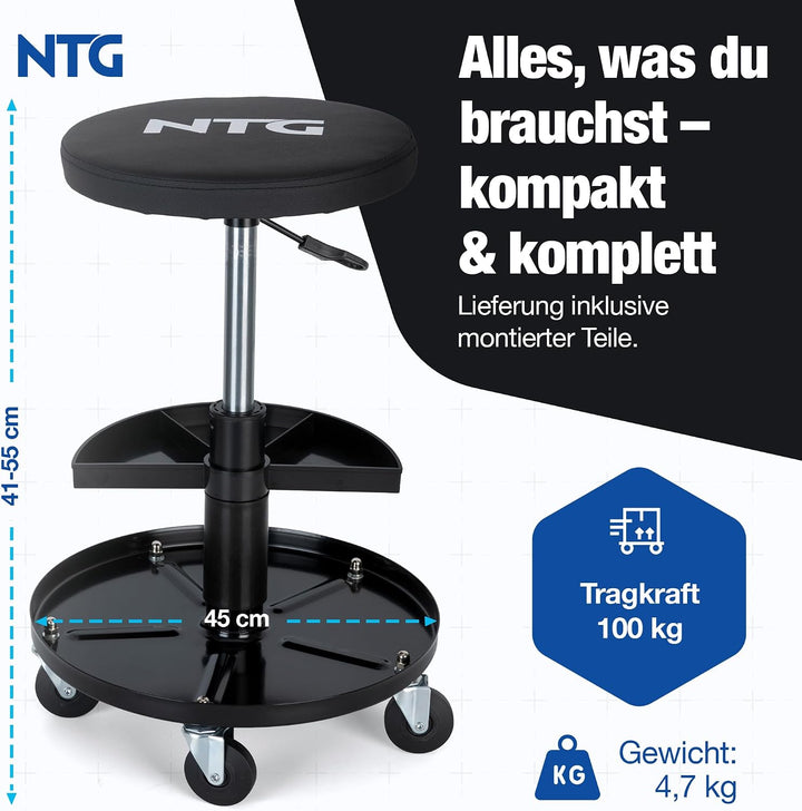 NTG Rollhocker höhenverstellbar 55 cm - Werkstatthocker 100 kg 5 Rollen | Drehhocker Montagehocker m