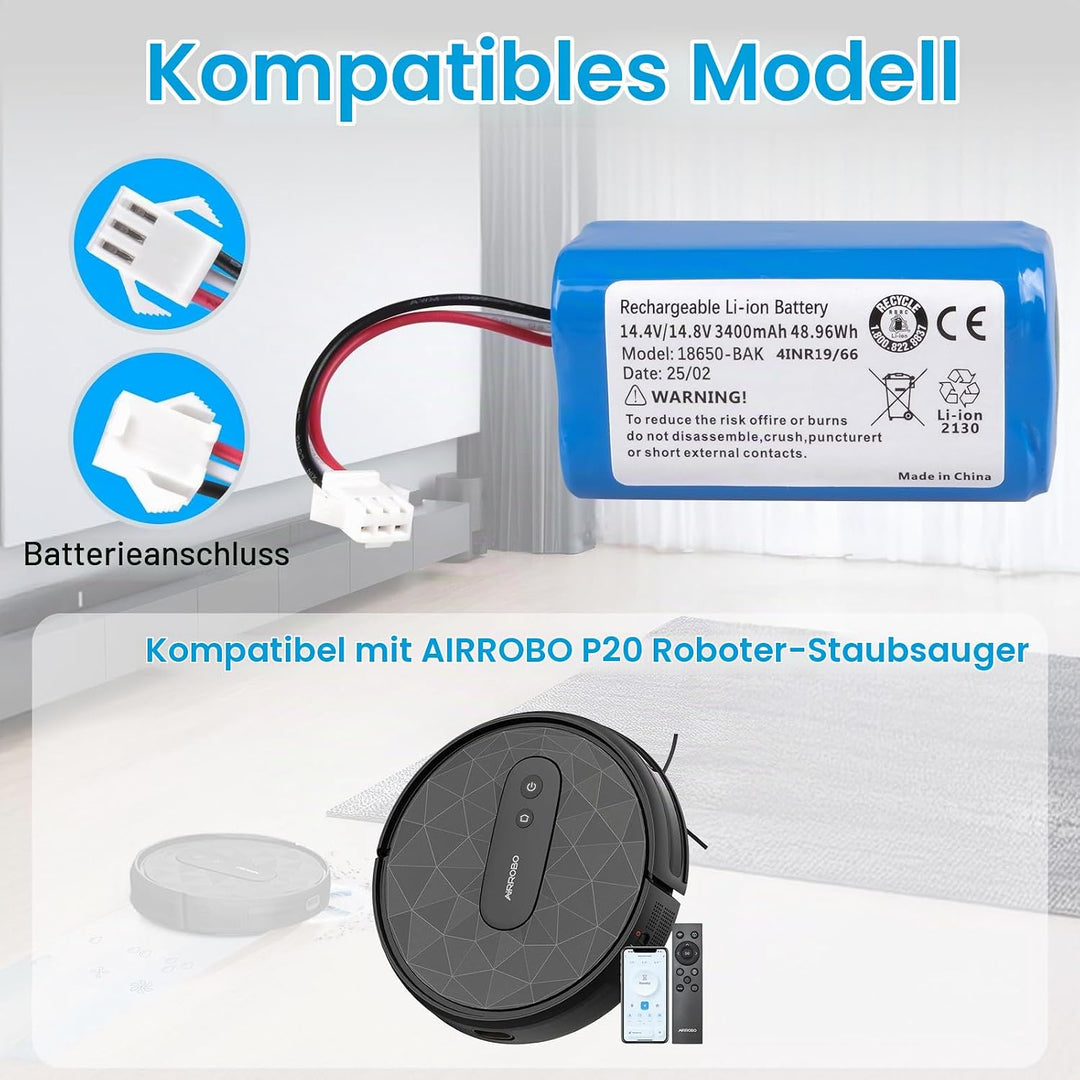3400 mAh Ersatzakku Kompatibel mit AIRROBO P20 Roboter Staubsauger Akku, 14,4 V/ 14,8 V Li-Ionen Akk