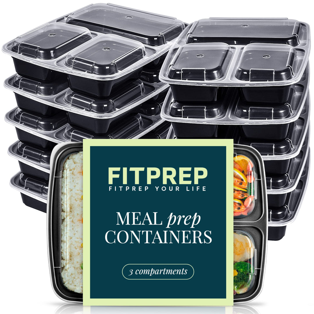 FITPREP 3 Fach Meal Prep Boxen im praktischen10er Pack - Mikrowellen &amp; Spülmaschinenfest, Mehrweg, L