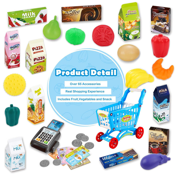 deAO Kinder Einkaufswagen Spielset Gefüllt mit 65 Kuststofflebensmitteln Spielzeug für Jungen und Mä
