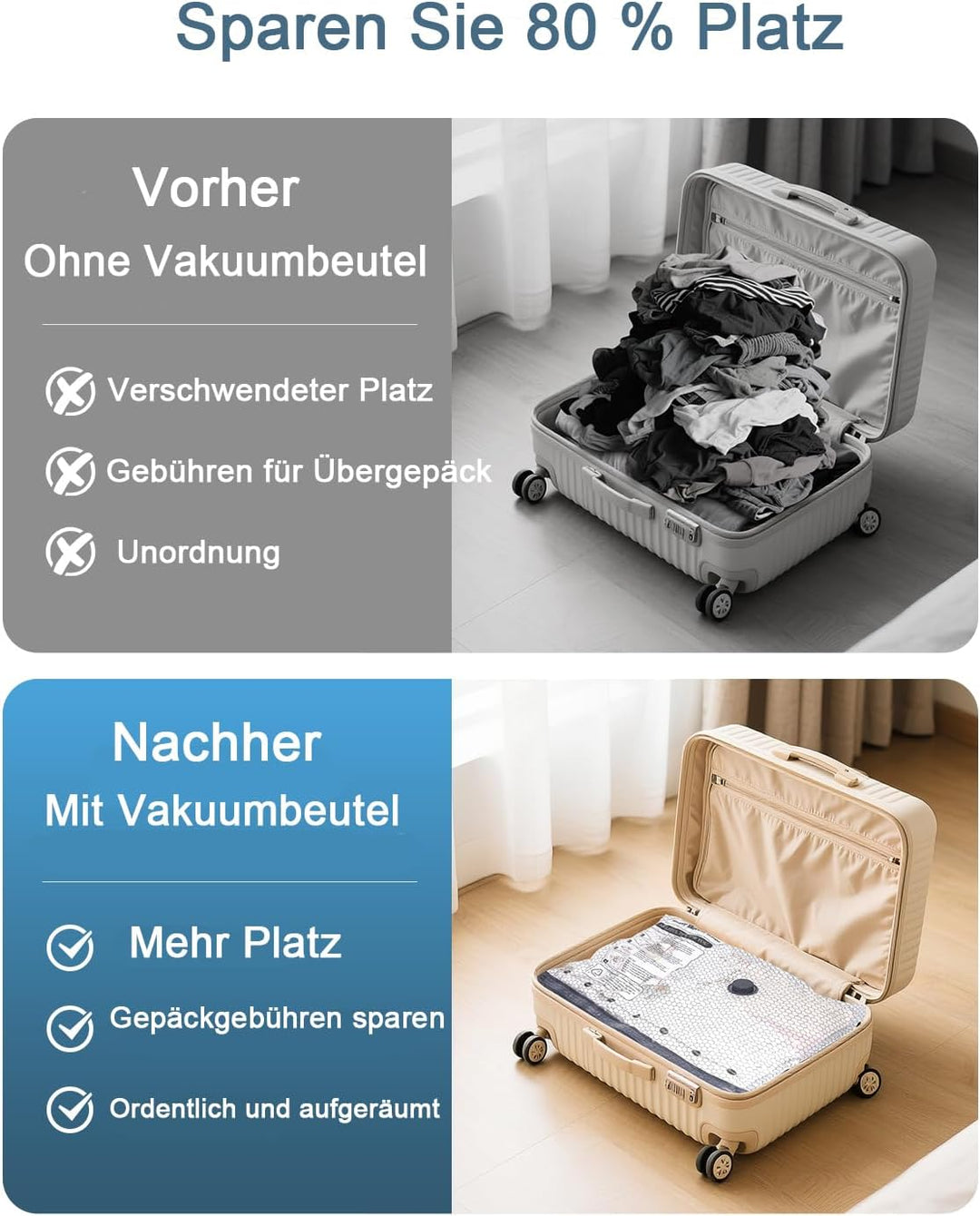 Vakuumbeutel für Kleidung bettdecken, 6 Stück(3 Gross 60x50cm & 2 x Mittel 60x40cm & 2 Kleine 50x40c
