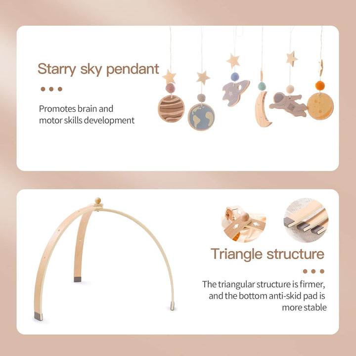 WOODEN TEETHER Spielbogen Baby aus Holz mit 5 abnehmbaren sensorischen Spielzeugen | Montessori Spie