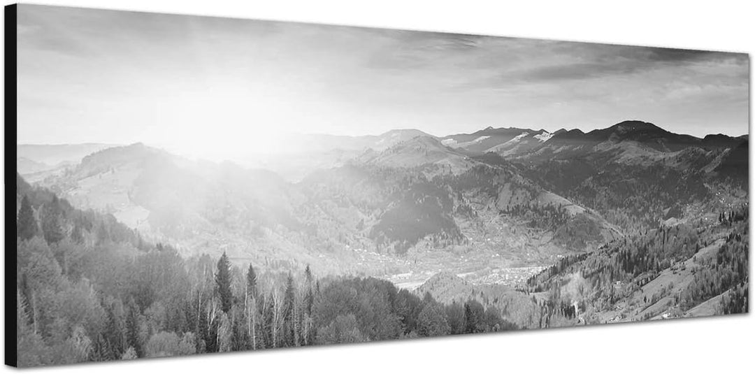 Paul Sinus Art Leinwandfoto als Panorama SCHWARZ/Weiss 120x40cm Landschaft Berge Wald Herbst Sonnens