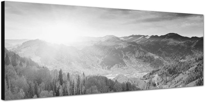 Paul Sinus Art Leinwandfoto als Panorama SCHWARZ/Weiss 120x40cm Landschaft Berge Wald Herbst Sonnens