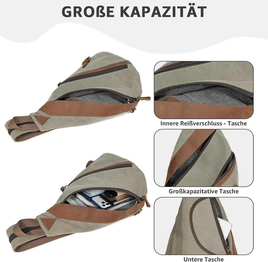 KL928 Canvas Sling Bag, Echte Leder Crossbody Bags Brusttasche Rucksack für Herren und Damen, Should