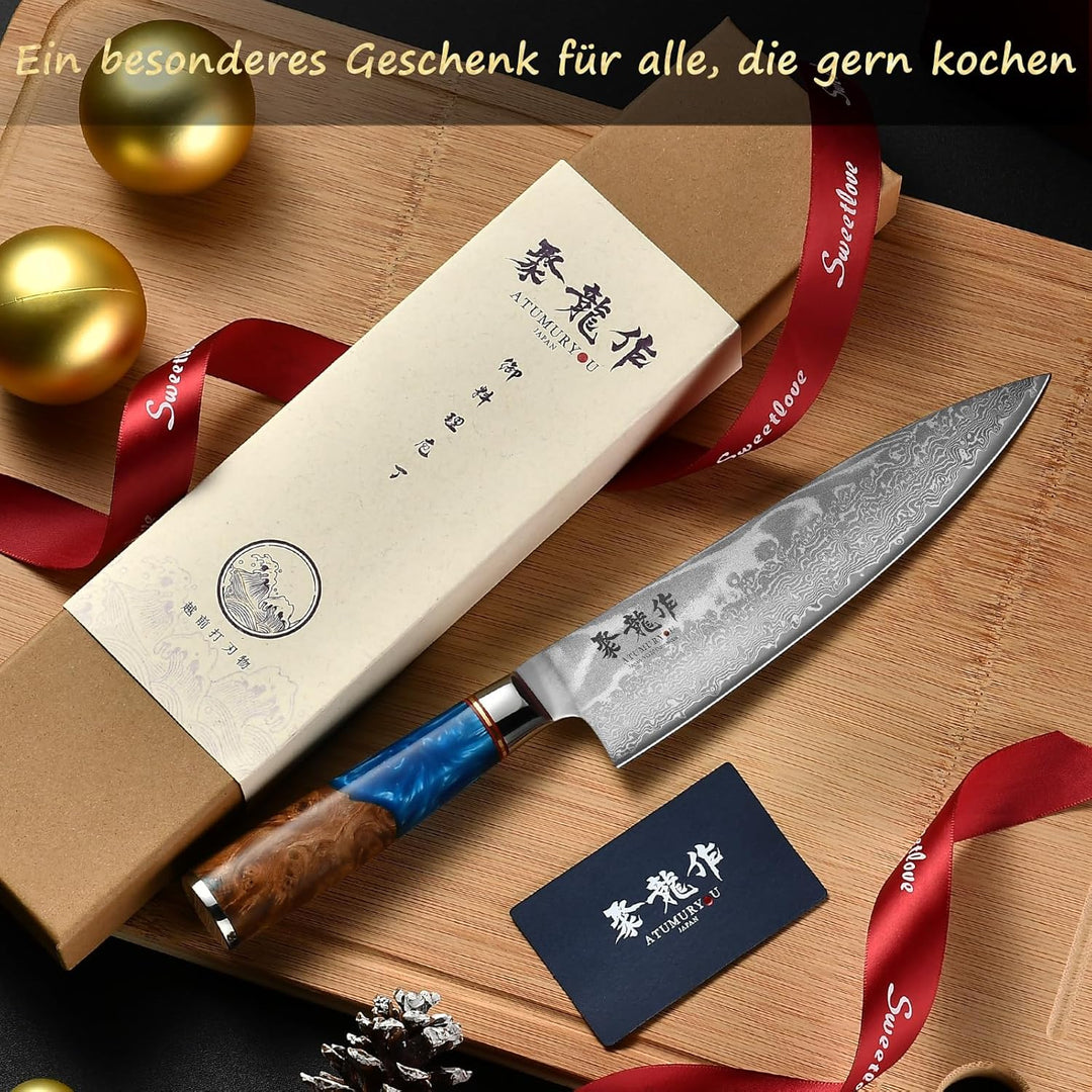 Japanisches Kochmesser, 20 cm Damastmesser Küchenmesser aus VG10 Stahl, handgefertigtes scharfes Mes