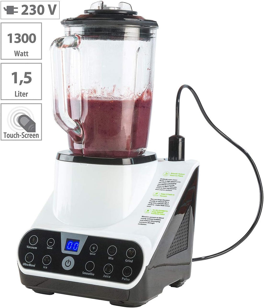 Rosenstein & Söhne Vakuum Mixer: Standmixer mit Vakuumier-Funktion & LED-Touch-Display, 1,5 l, 1.300
