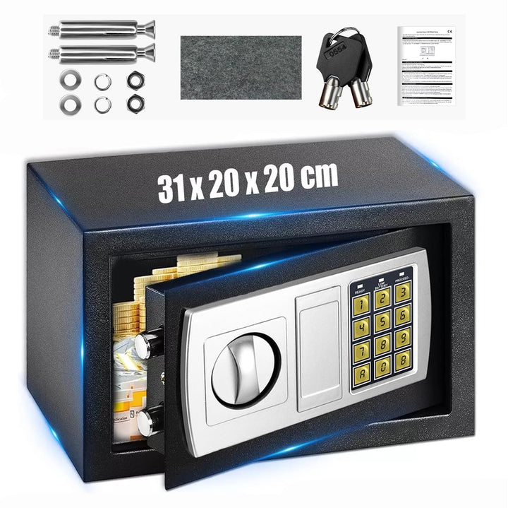 Tresor mit Zahelncode 8.5L, Schlüssel Elektronischer Möbeltresor, 2 Öffnungsarten, Feuerfest und Was