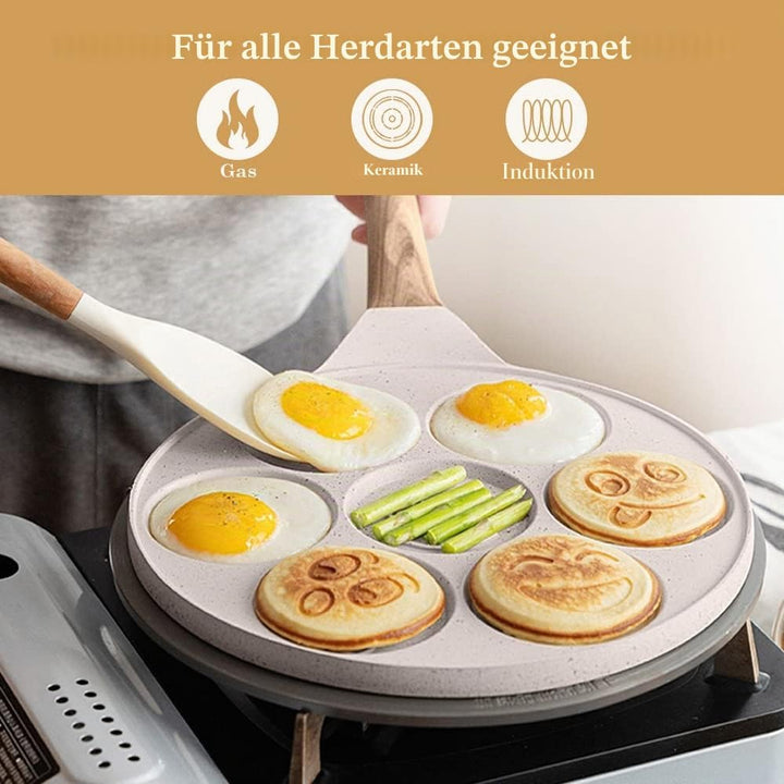 Pancake Pfanne Induktion, Antihaft Pancake Maker 7 Löcher mit Smiley-Gesichtern Spiegelei-Pfanne, zu