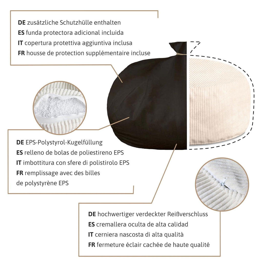 DreamRoots Pouf Hocker Roller 70x70x40cm - Pouf Cord - Sitzkissen Rund - Hocker Wohnzimmer - Fusshoc