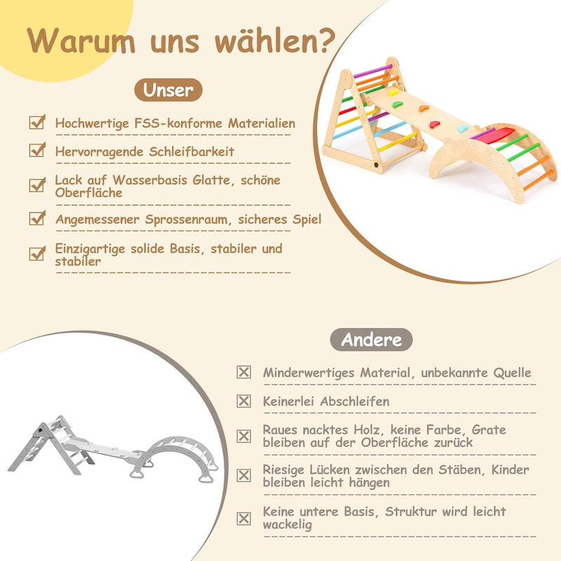 YOLEO Klettergerüst Indoor, 3-in-1 Montessori kletterdreieck mit Rutsche, Kletterbogen, Stabilem Bab