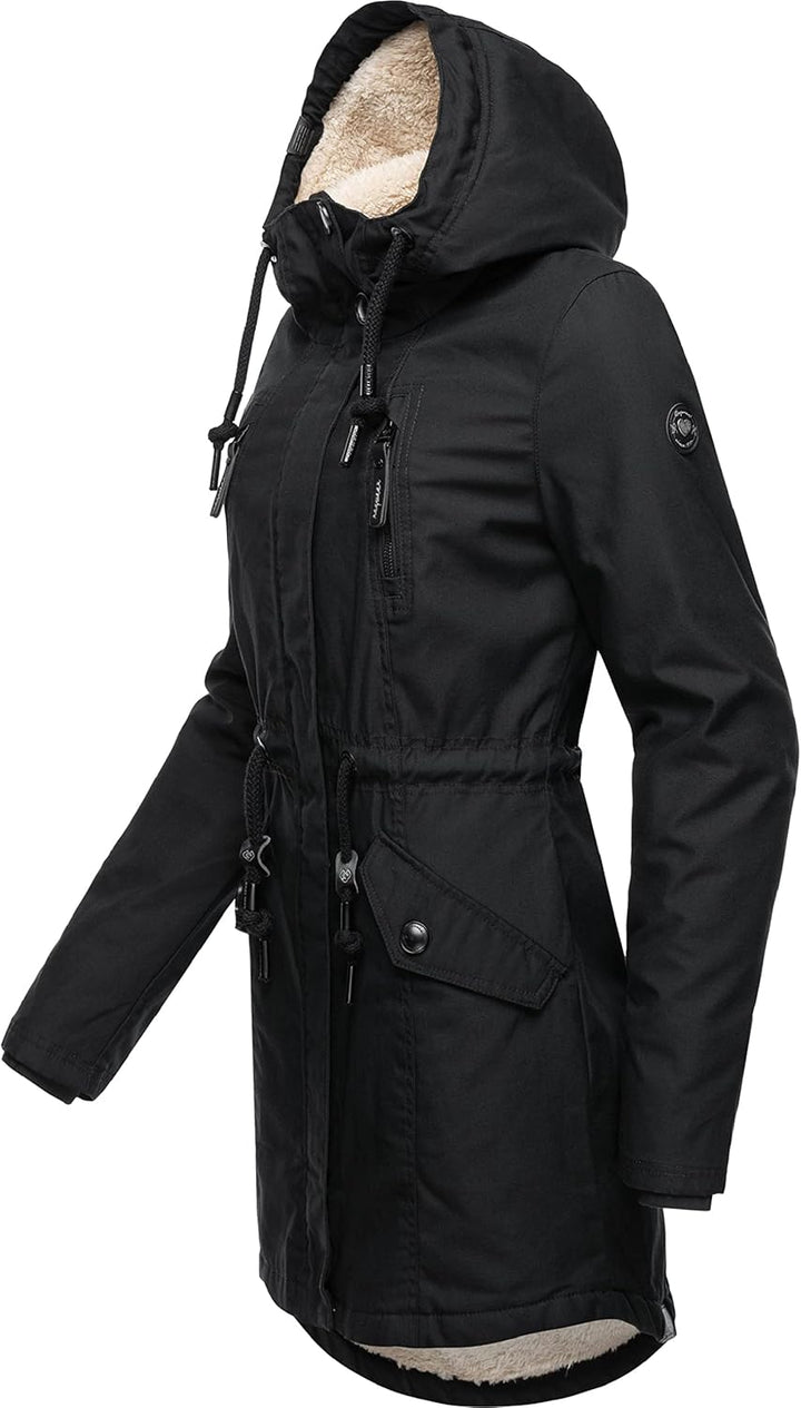 Ragwear Damen Mantel Lange warme Winterjacke mit Teddyfell-Kapuze Elsie Intl XS-5XL S Black22, S Bla