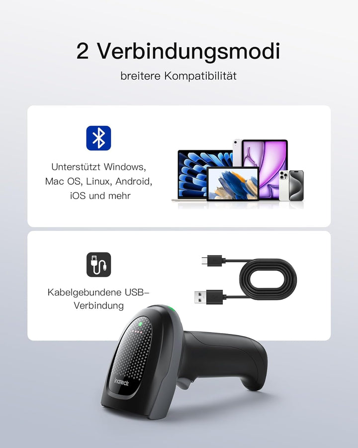 Inateck Barcode Scanner Kabellos 2D PDF417, QR Code Scanner mit 2 x 2000mAh Austauschbaren Akkus, mi
