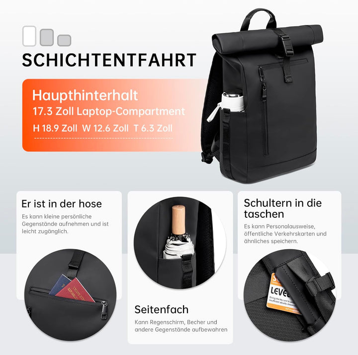 Rolltop Rucksack Herren Damen Grosser Laptop Rucksack Wasserdichter mit Computerfach 16 Zoll Rucksäc