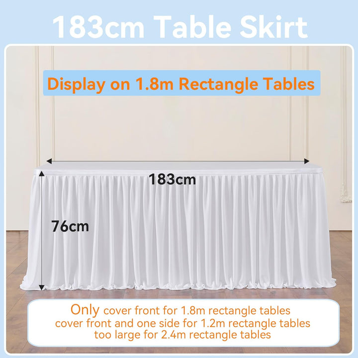 NSSONBEN 183cm White Polyester Table Skirts for Rectangle Tables, Wrinkle Free Ruffle Pleats Cloth T