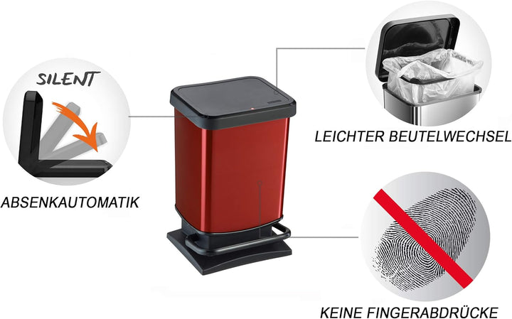 Rotho Paso Mülleimer 20l mit Deckel, Kunststoff (PP recycelt) BPA-frei, rot, 20l (29.3 x 26.6 x 45.7