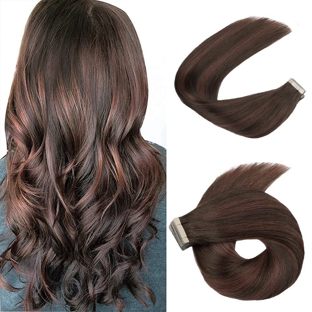 HotLulana Tape Extensions Echthaar Balayage Schokoladenbraun mit Dunkelrotbraun（#4/4/33) Tape in Ext