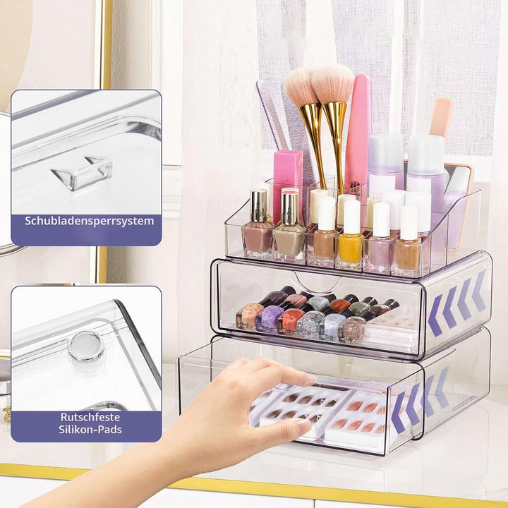 3 Ebenen Make-up Organizer Schublade,Transparenter Kosmetik Organizer,Stapelbarer Schminktisch Organ
